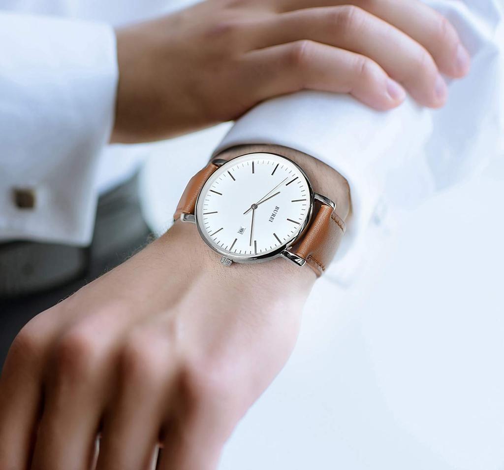 BUREI Armbanduhr aus Leder, beliebte Marke, analog, schlicht, wasserdicht, stilvoll, für den Arbeitsweg, Business-Uhr für Herren [Artikel]
