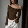 American Spice Girl Design Sense One-word Shoulder Irregular Long-sleeved Tight Top Autumn and Winter Sexy Pure Desire Wind Off-the-shoulder T-shirt