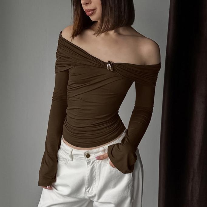 American Spice Girl Design Sense One-word Shoulder Irregular Long-sleeved Tight Top Autumn and Winter Sexy Pure Desire Wind Off-the-shoulder T-shirt