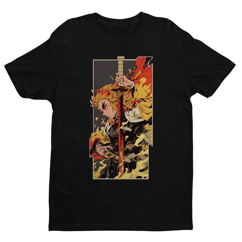 Anime Demon Slayer Kimetsu No Yaiba Set Your Heart Ablaze Rengoku Black TShirt S