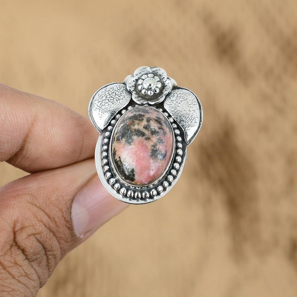 Mothers day Deal 925 Silver Rhodonite Gemstone Flower Promise Wife Ring Jewelry