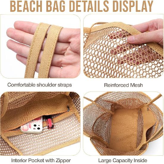 Beach Bag with Mini Pocket Beach Tote Bags for Women Large Foldable Mesh Swimming Pool Travel Bags Sandproof