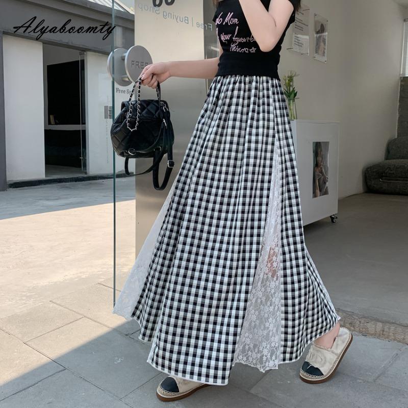 Sukně midi dámská jarní letní v korejském stylu s vysokým pasem modrá černá kostkovaná výšivka krajková patchworková sukně elegantní ženská dámská sukně