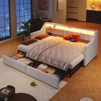 Upholstered Bed Daybed 90×200 Cm (extendable 180×200 Cm), LED Strips, USB & Type-C, 2 Drawers, Slat Base, Without Mattress, Beige
