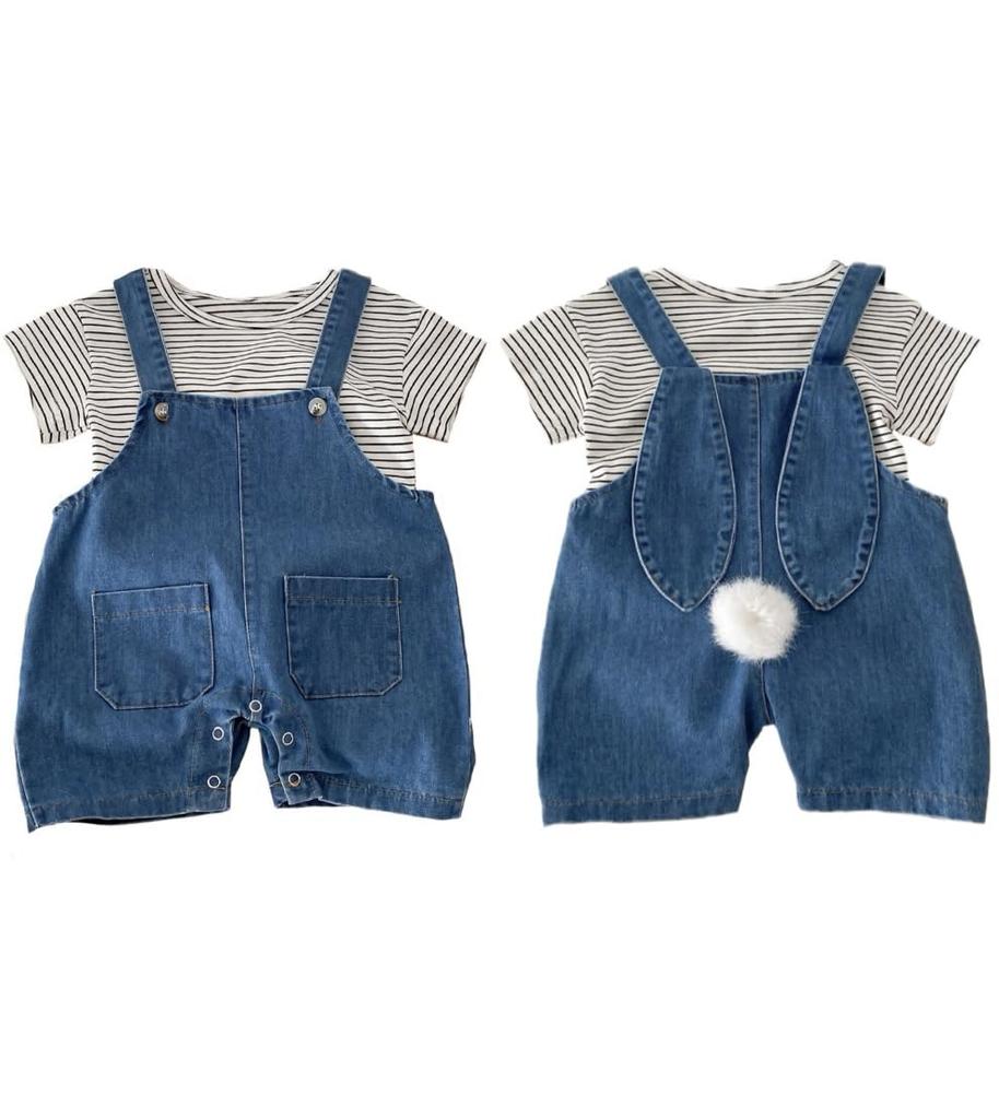 Sole Only Overalls Set Denim Striped Rabbit Tail Removable Tail Rabbit Ears Hook and Loop Cotton Soft Cute Top and Bottom Set Baby Boys Girls Overalls