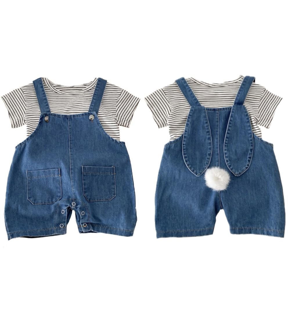 

Только комбинезон и джинсовый комбинезон в полоску со съемным хвостом и застежкой-липучкой в виде кролика, мягкий милый комплект верха и низа для малышей мальчиков и девочек, комбинезон и