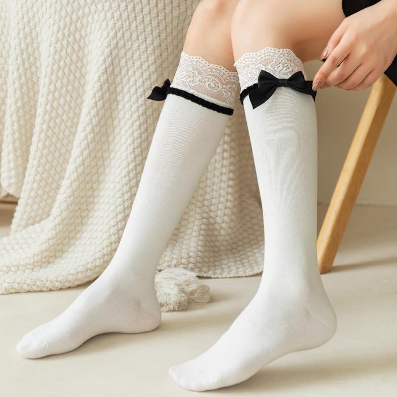 Sweet Lace Patchwork Calf Socks Lolita Bow White Cutewomen Mid-Tube Socks