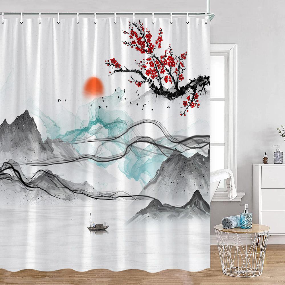 Chinesische Tuschemalerei Duschvorhänge Blühend Rot Sonne Koi Bambus Berglandschaft Badevorhang Polyester Badewannen Dekorationen