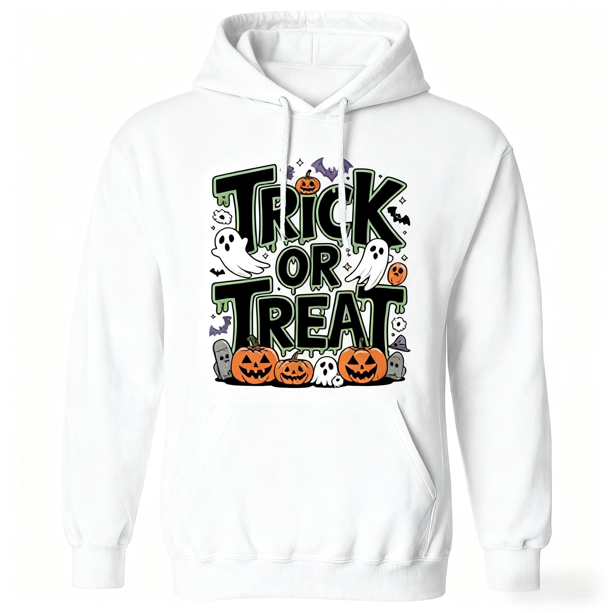 

Vintage Trick or Treat Halloween Hoodie, Retro Pumpkin Ghost Print Sweatshirt, Spooky Fun Top for Men Women Winter 3XL