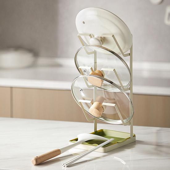 Kitchen Pot Lid Rack Three Layer Pot Lids Holder with Detachable Drain Tray Countertop Lid Stand Cabinet Organizer