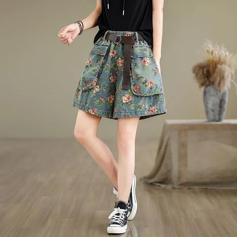 Women's Floral Print Denim Shorts with Belt Elastic Waist Casual Loose Fit Summer Shorts