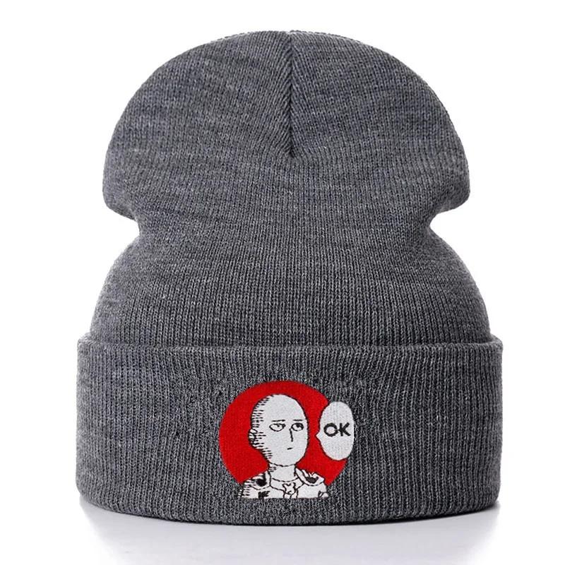 One Punch Man Ok Unisex Cotton Cartoon Embroidered Beanies Casual Hats Knitted Winter Hat Hard Hip Hop Skull Bonnet Hat