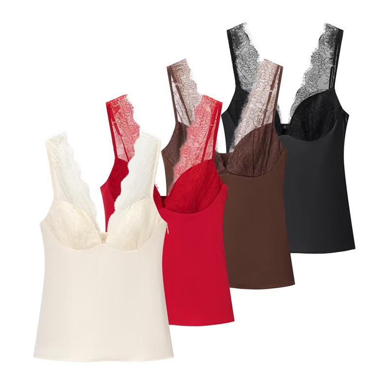 Camisola de Seda con Encaje para Mujer Estilo Europeo y Americano Invierno 2025 8986331