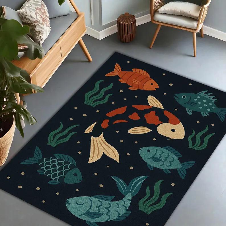 3D Turtle Rug Ocean Hole Illusion Carpet Marine Life Mat Underwater Scene Rug Coral Reef Deep Sea Room Accent Aquatic Blue Rug