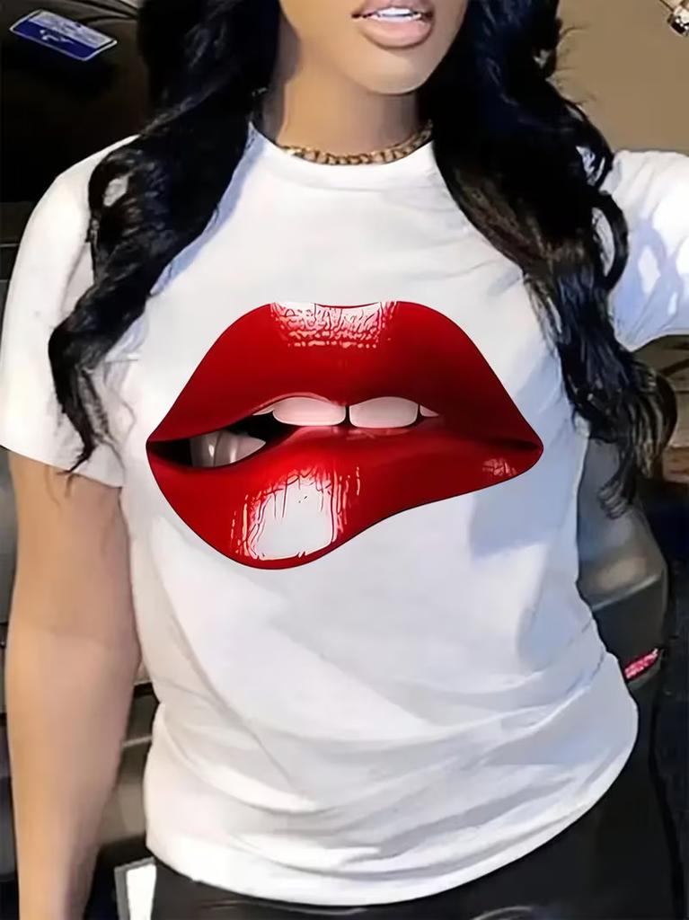 Unisexs Red Lip Print T Shirt Sexy Short Sleeve Casual Crew Neck Tee Shirt