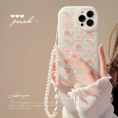 Peach Love Bear Applicable 15promax Apple Phone Case IPhone 16 Fairy 15 Pearl Chain XR Shell 14