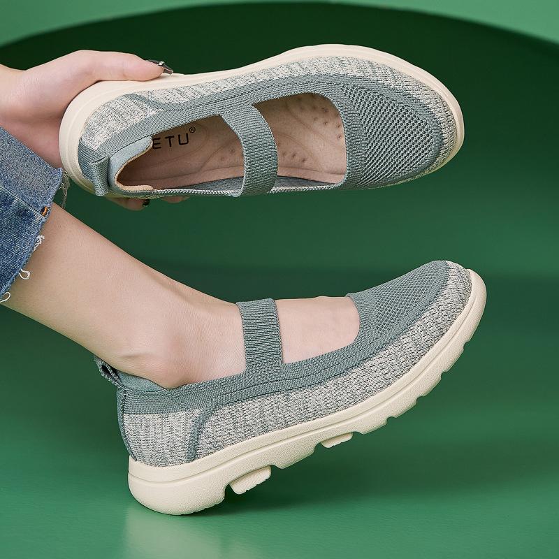 Genuine Leather Single Shoes Autumn Winter Light Pad Anti-Slip Round Toe Flying Knit Breathable Mother Single Shoes For Women