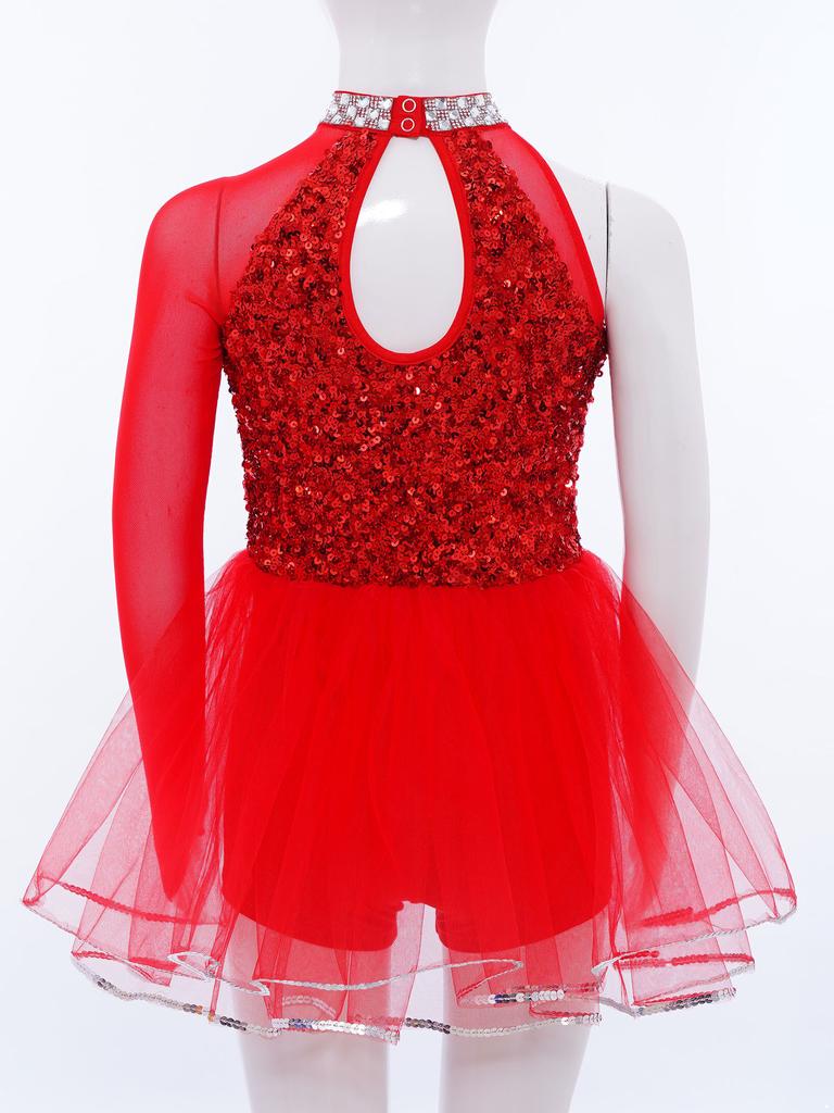 Meisjes Dans Optreden Kostuum Glanzende Pailletten Bovenlijf Tule Rok Leotard Uitsnijding Taille Asymmetrische Jumpsuit