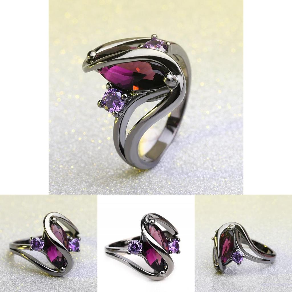 Genuine Purple Crystal Marquise Cut And Black Titanium Ring