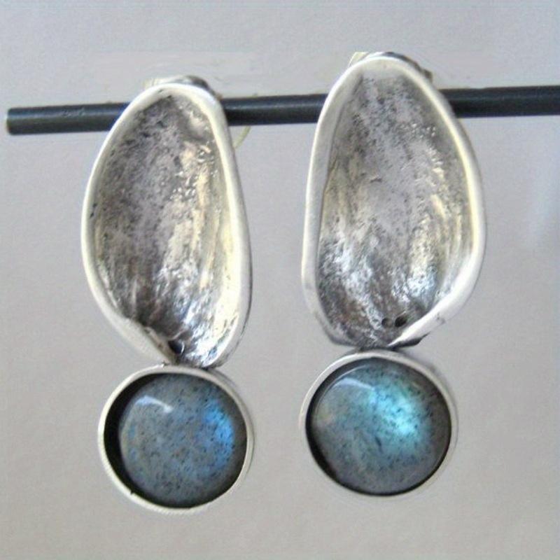 Vintage Silver Color Metal Geometric Pattern Round Blue Stone Dangle Earrings for Women Jewelry