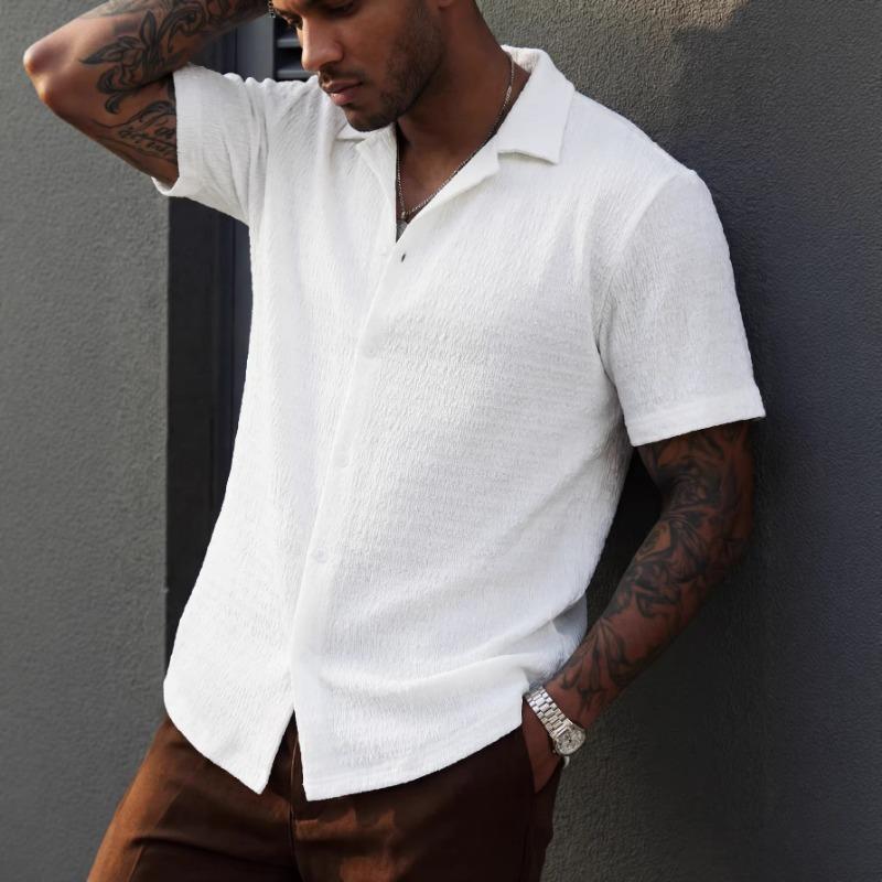 Camisa Jacquard Casual para Hombre con Cuello de Solapa de Manga Corta y Botones