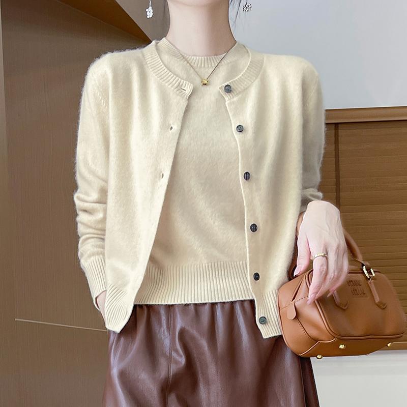 Top de Toamnă și Iarnă pentru Femei Set din Două Piese Lână Merino Pulover cu Gât Rotund Mânecă Lungă Cardigan și Pulover cu Mânecă Scurtă Top Tricotat pentru Toate Sezoanele