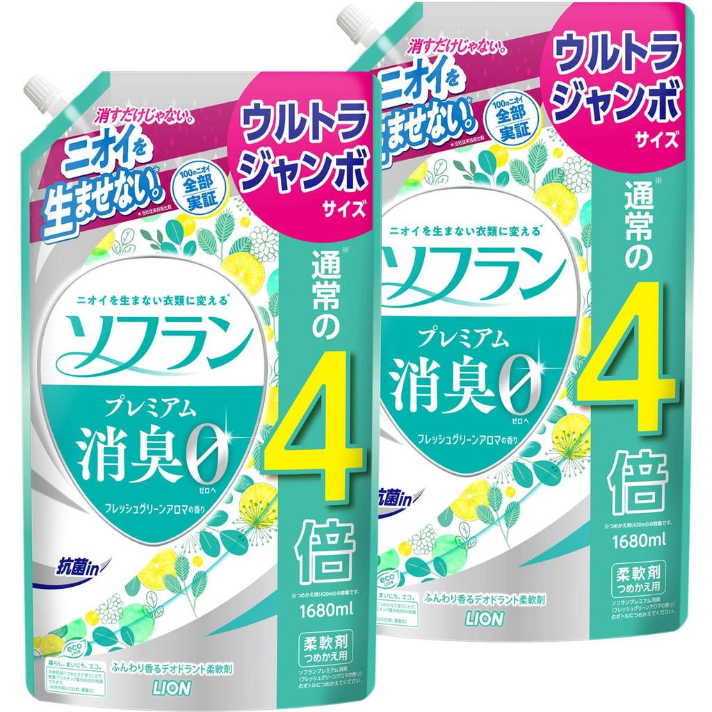 Soflan Premium Deodorizing Liquid Fabric Softener Fresh Green Ultra 1680ml X [Large Capacity] Refill, Aroma, Jumbo, 2-Pack