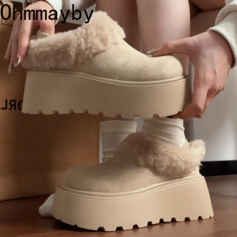 Winter Platform Flats Women Fur Lining Snow Boots Concise Shallow Slip On Shoes Ladies Outdoor Comfort Warm Cotton Short Booties