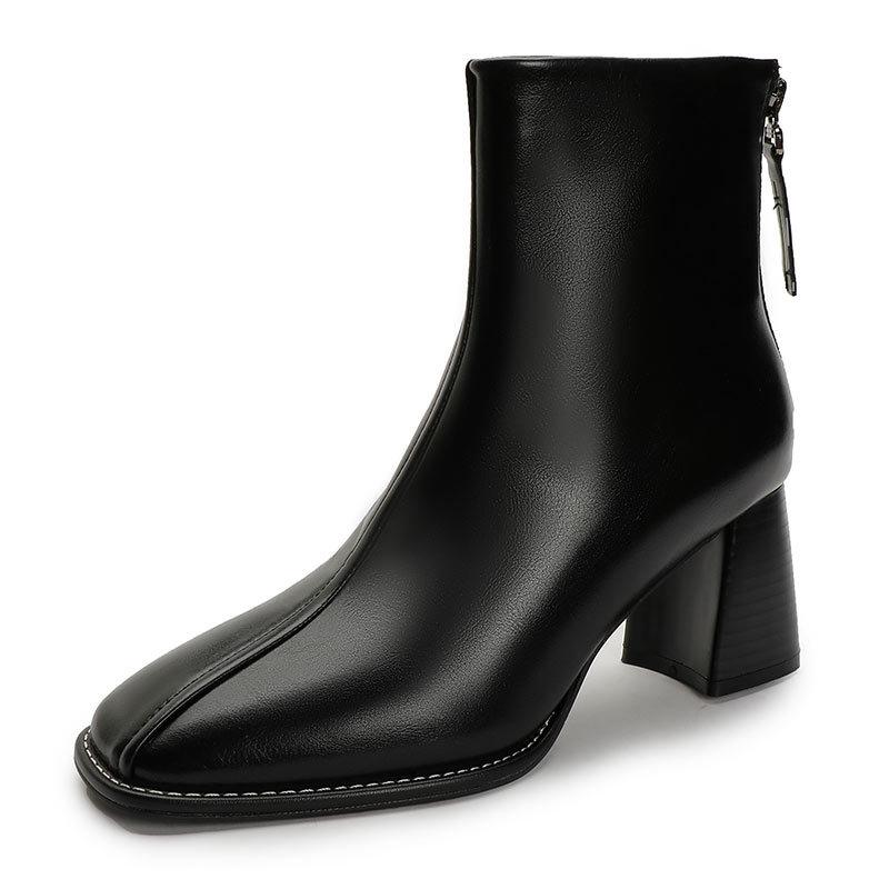 Fyrkantig tå högklackade stövlar 2024 nya korta stövlar dam vår och höst enkelstövlar dragkedja bak vinter tjock klack tunna mellanhöga stövlar