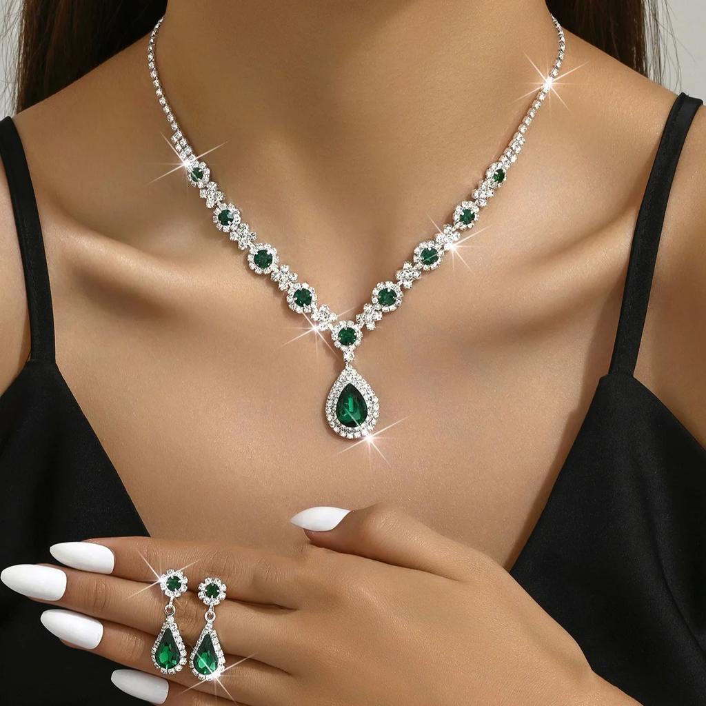 Women's Crystal Droplet Necklace And Earrings Set 3 Pieces Wedding Evening Dress Accessory Jewelry Set