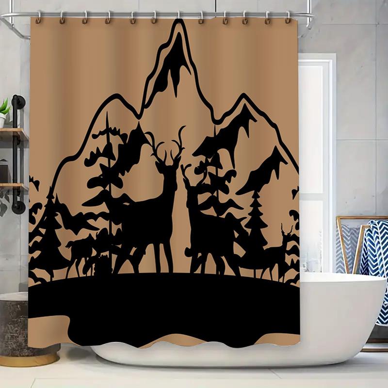 Mountain Sunset Shower Curtain With Elk Silhouette Decorative Waterproof Fabric Bathroom Decoration Black/Beige Color Set (180X2 W60H190(CM)-1 Pcs