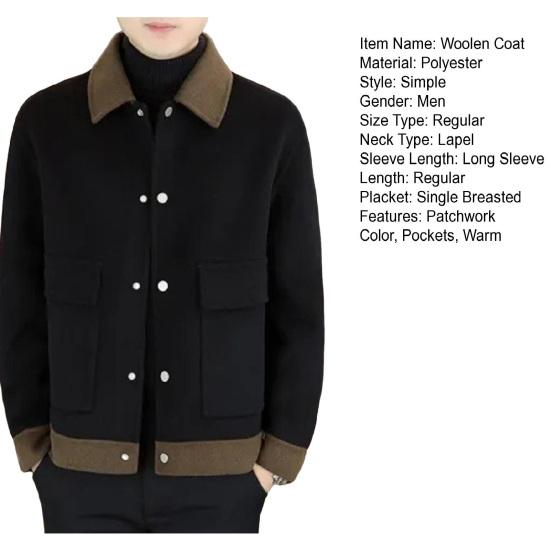 Yousheng Wollmantel mit Revers Einreihiges Design Farbblock-Stil Jacke mit Taschen Herbst Winter Herren Oberbekleidung