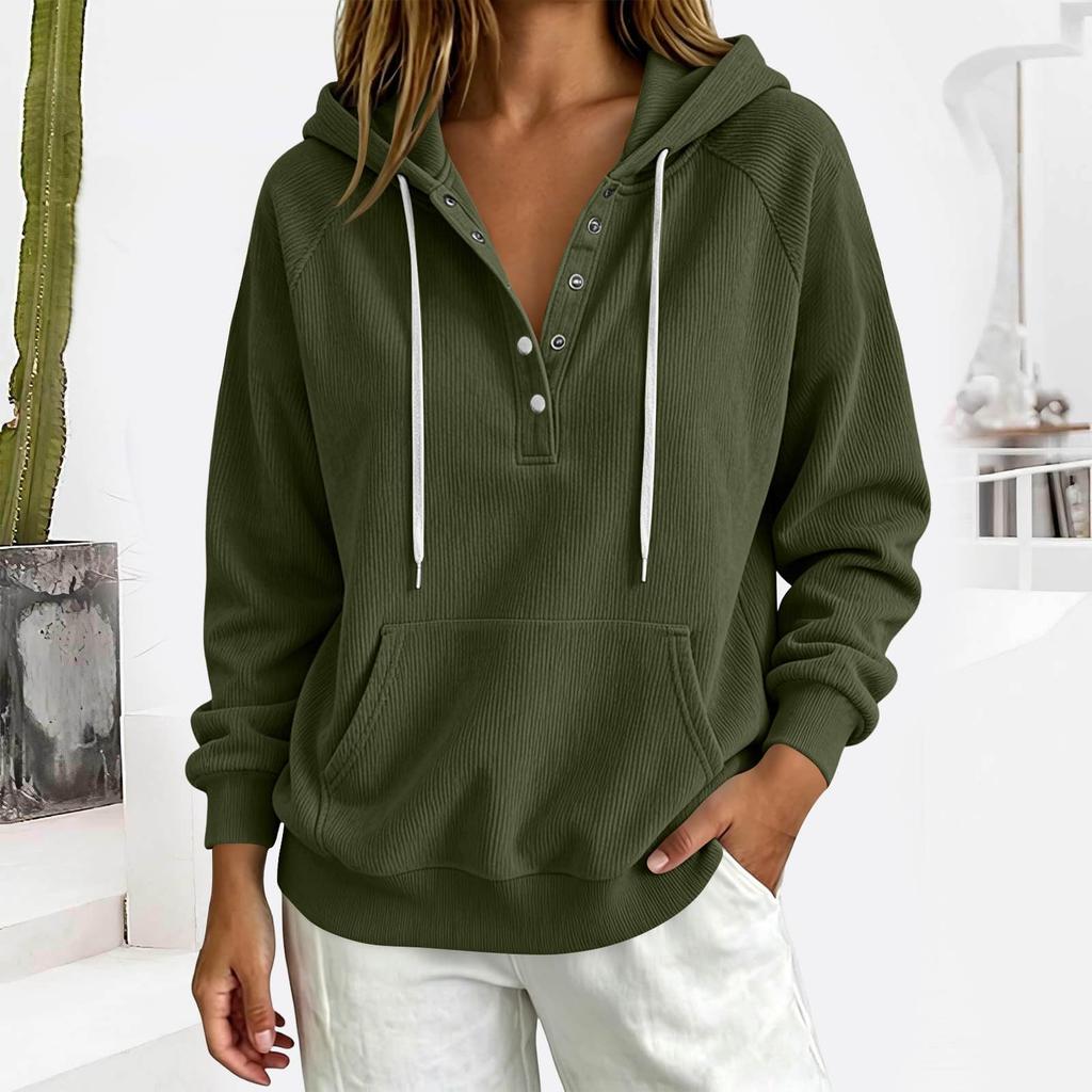 Women's Casual Lightweight Pullover Hoodie Long Sleeve Ribbed Texture Half Button Front Kangaroo Pocket Drawstring Hood Sweatshirt