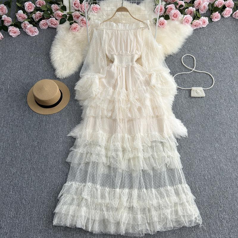 YYFS Dámská móda Jaro Podzim Jednobarevný potisk Neformální šaty s dlouhým rukávem na jedno rameno s vysokým pasem