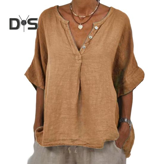 

Женская рубашка из хлопка и льна с V-образным вырезом, пуговицами, половинной планкой, половинным рукавом, дышащая, свободного кроя, топы на каждый день 2XL