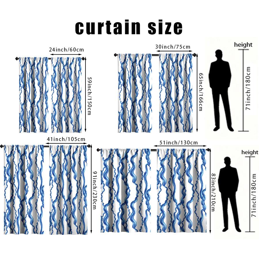 Set Of 2 Blue White Watercolor Wavy Curtains Fresh Ocean Style Living Room Bedroom Drawbar Pocket Window Decoration Curtain Polyester Perfect For Area