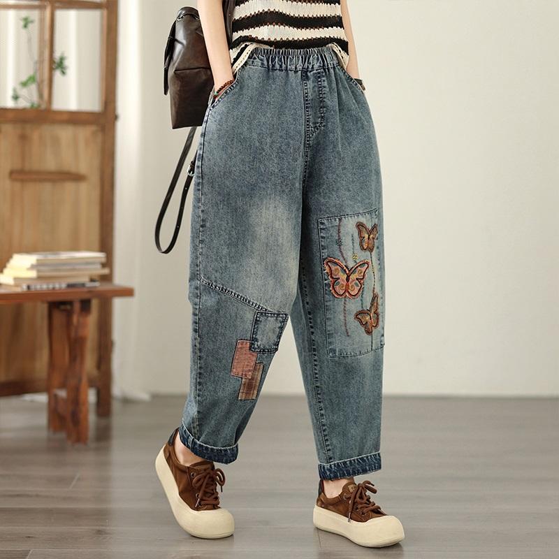 Übergröße Vintage Stickerei hohe Taille lässig locker Damen Frühling Sommer Herbst Jeans Denim Haremshose