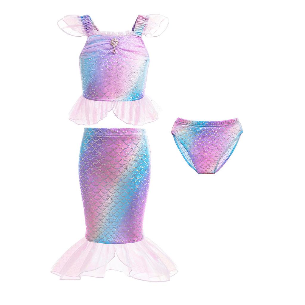 Ariel mesh cross-border mermaid girls' hot spring vacation beach sun-protection quick-dry swimsuit stylish three-piece set