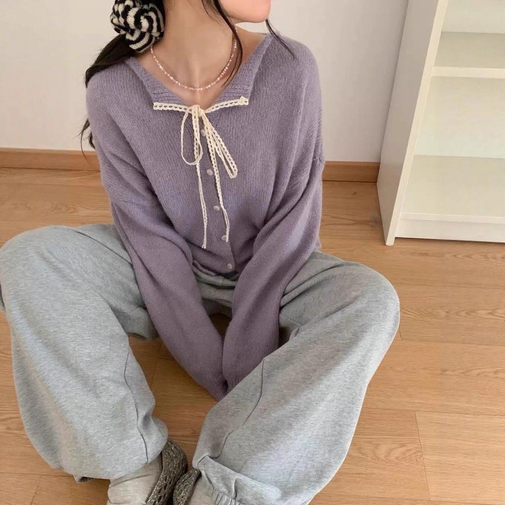 Korean lace-up lace lapel sweater jacket women's 2025 autumn and winter new solid color versatile soft waxy knitted cardigan