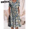 GMXIA 30 Color Pleated Midi Dress Short Sleeve Round Neck Loose Hem Mid-Calf Length Women Floral A-Line Party Dress Casual Wear