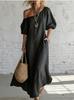 Women Elegant Off Shoulder Lantern Sleeve Loose Solid Color Vacation Long Dress