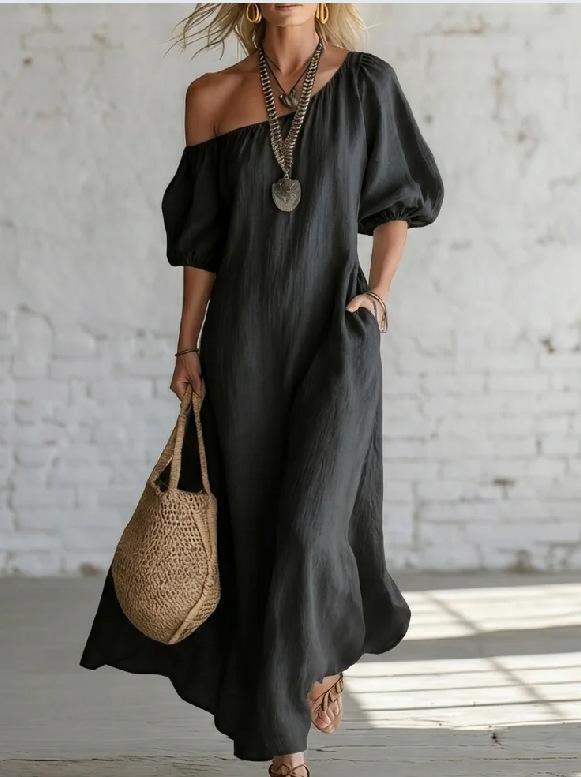Women Elegant Off Shoulder Lantern Sleeve Loose Solid Color Vacation Long Dress
