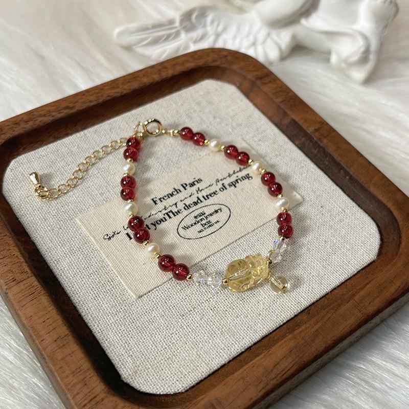 

Qiaoen Women s Pixiu Crystal Bracelet with Burgundy Garnet, Citrine, and Freshwater Pearl