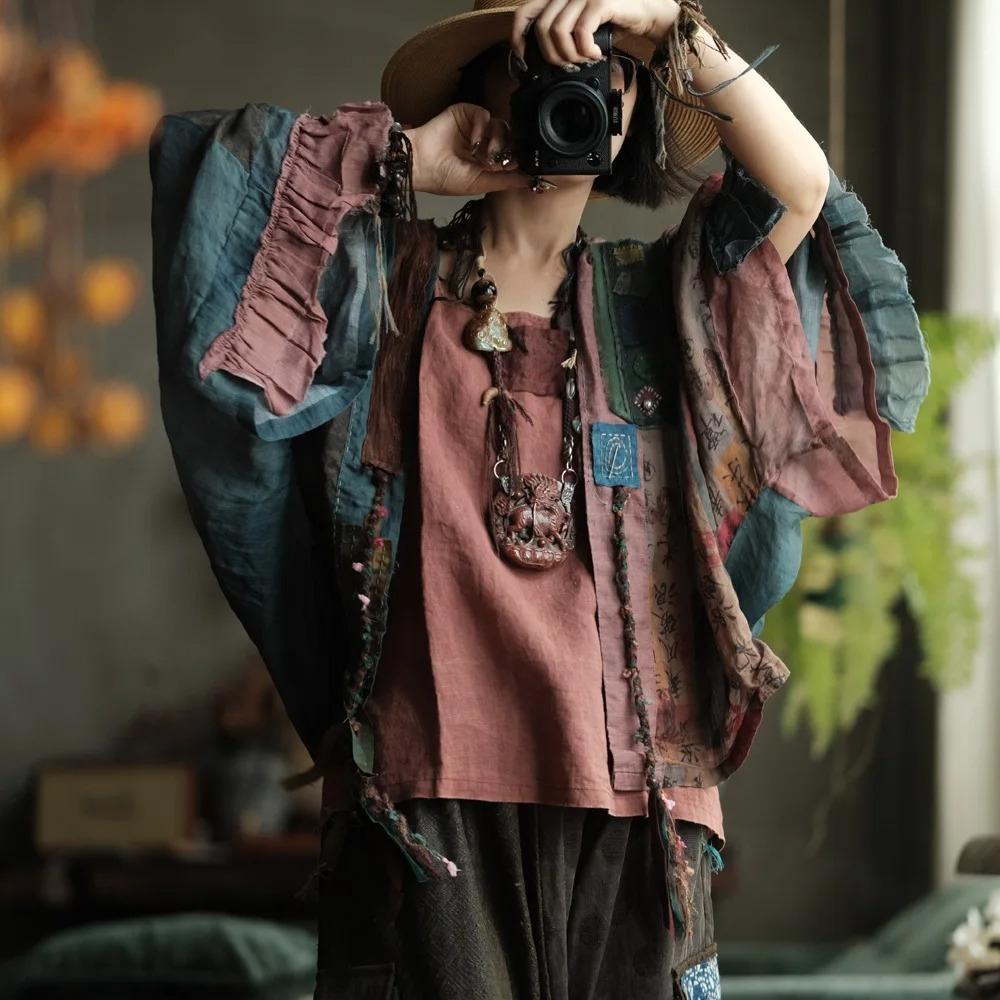 Johnature Women Vintage Patchwork Color Shirts Belt  Autumn Blouses Bat Sleeve Female Blouses Chinese Style Tops