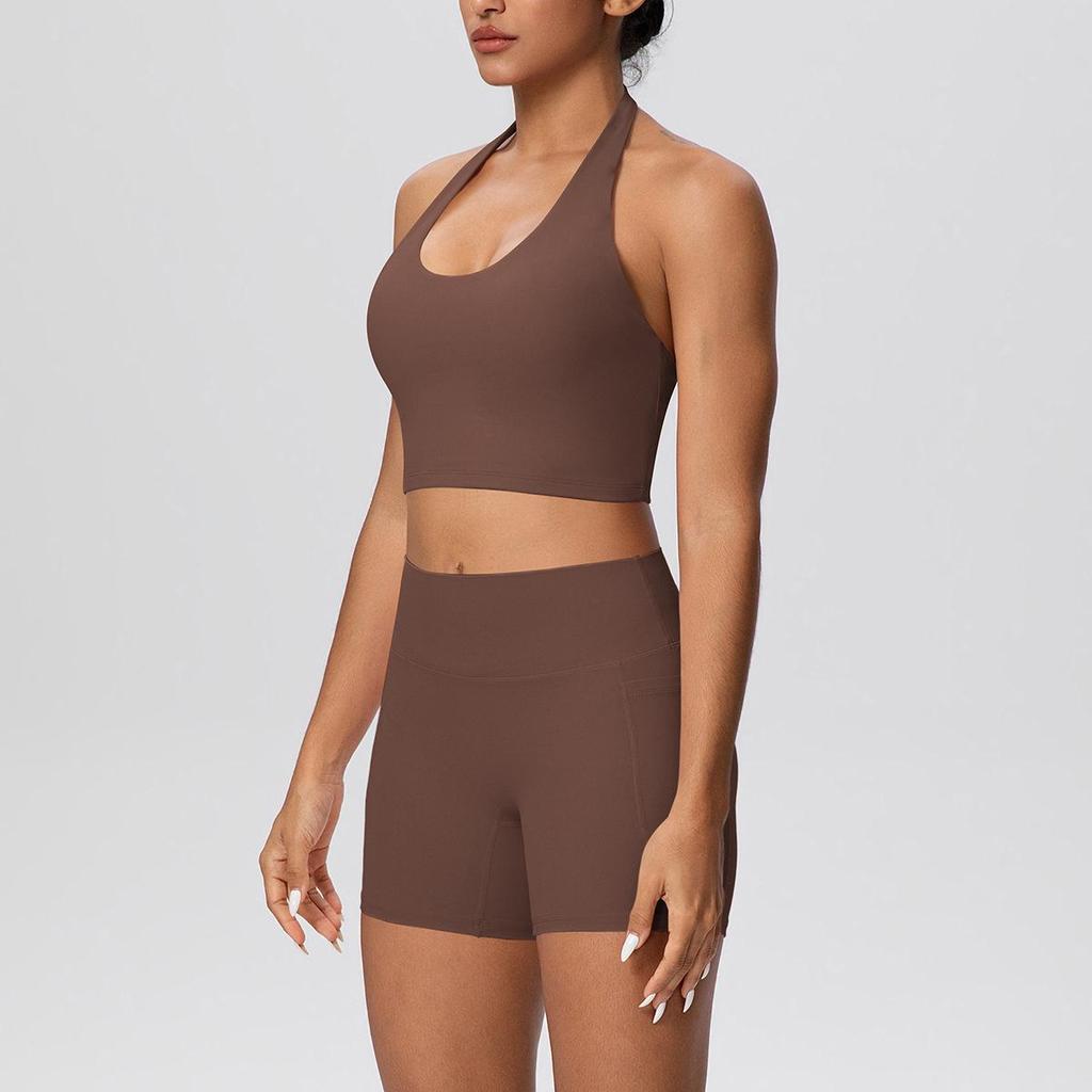 Solid Color Cross-Border Yoga Suit Set: Brushed Hanging Neck Vest with Pocket Pants and Fitness Shorts for Women