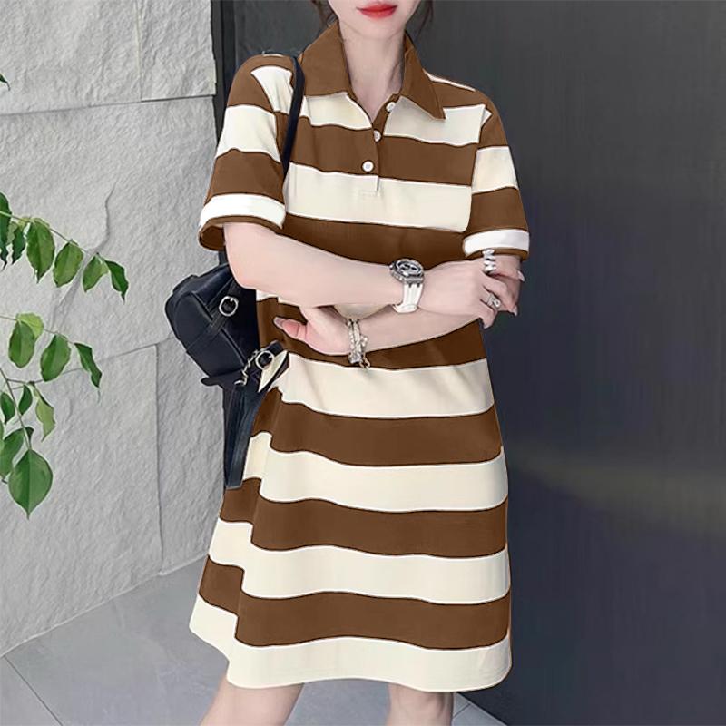 

ZANZEA Жіноча повсякденна літня сукня в смужку з відкладним коміром і коротким рукавом 5XL коричневий