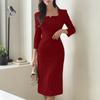 ZANZEA Women Square Collar Casual 3/4 Sleeve Slim Sheath Dress