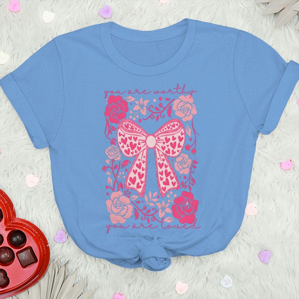 Valentines Day Heart Coquette Bow T Shirts for Women Retro Valentine Short Sleeve Tee Shirt Retro Flower Valentines Casual Tops