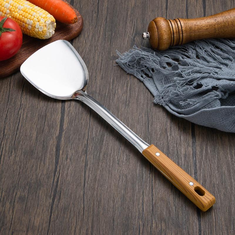 Stainless Steel Spatula Soup Spoon Colander Kitchenware Set Wooden Handle Kitchen Household Cooking Frying Spatula