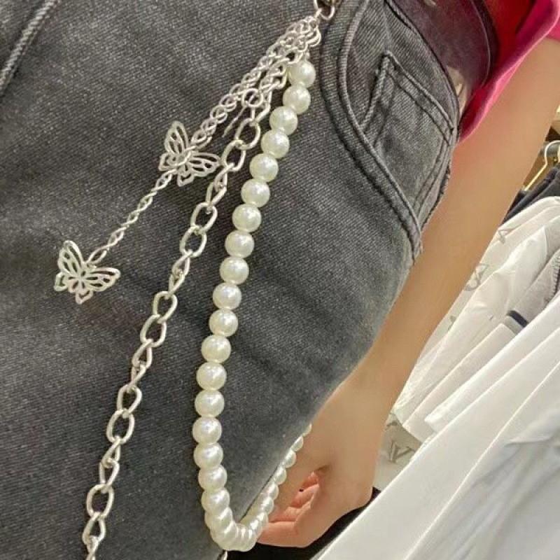 Stylish Transparent Heart Double Row Waist Belt Accessory For Denim Jeans And Outfits With Butterfly Pearl Decoration